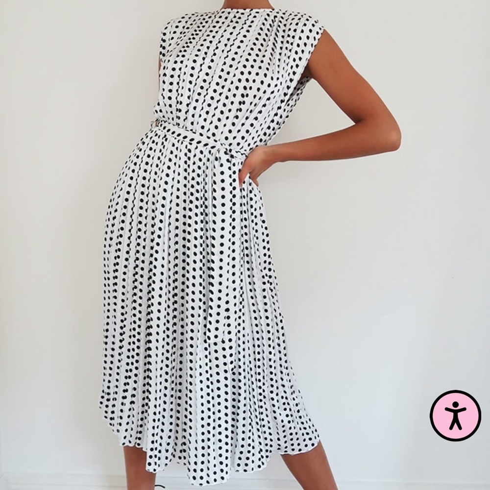 White Polka Dot Pleated Sleeveless Midi Dress